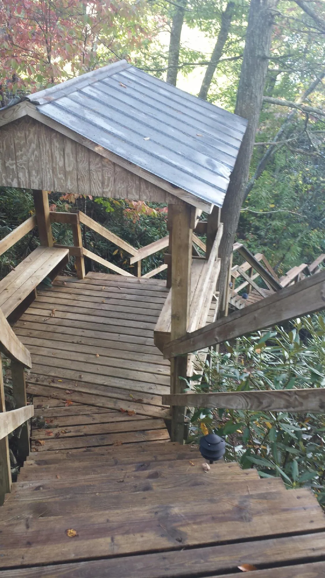 Metal roofed shelter over wooden steps on a wooded walkway — Skylight Repair & Installation work by our crew in Jackson Center